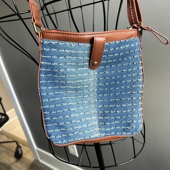 The Sak Blue Denim and Crochet Crossbody Bag Purse - Picture 1 of 8